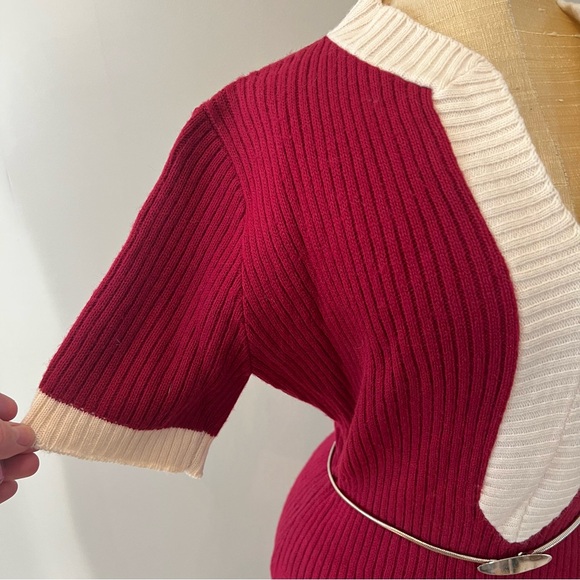 Vintage 70s Wool Blend Knit Shift Dress Sz 8 Burgundy Ivory Stretch Belt Silver - Picture 4 of 14